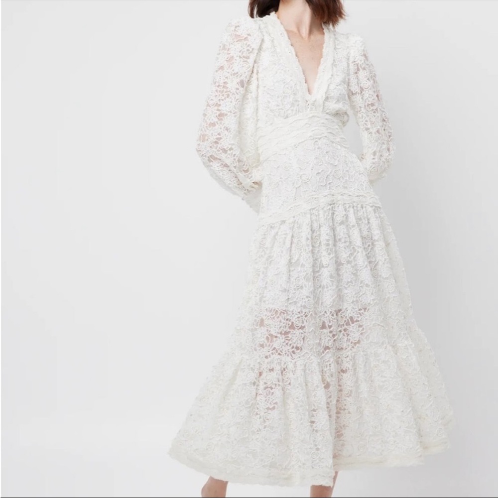 elliatt white & gold v-neck all over lace bishop sleeve maxi bridal dress small